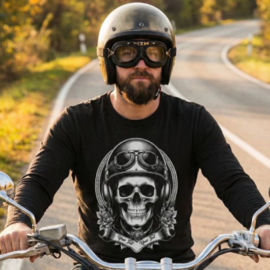 2 Sided Custom Biker Skull Motorcycle Long Sleeve Tシャツ
