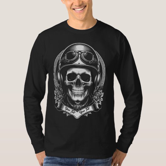 2 Sided Custom Biker Skull Motorcycle Long Sleeve Tシャツ (正面)