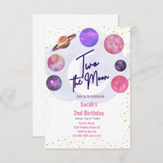 2 the Moon 2nd誕生日の編集可能招待状 招待状 (正面/裏面)