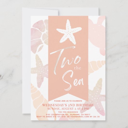 2 the Sea Starfish Coral Pink 2nd Birthday Invite 招待状 (正面)