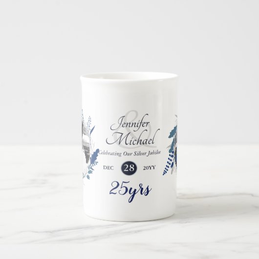 2 x写真結婚の記念日ANY年名日付 ボーンチャイナマグカップ (正面)