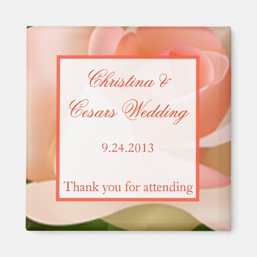 2"x2" アナウンスメント マグネット ピンク/ピーチ ローズ リーフ付き (正面)