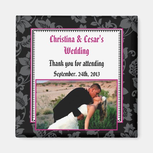 2"x2" アナウンスメント マグネット ブラック フローラル ホット ピンク スト (正面)