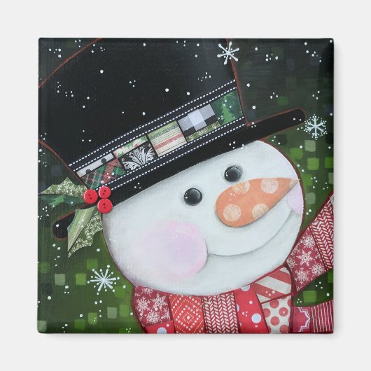 2"x2"パッチワーク雪だるまスクエアマグネット マグネット (正面)