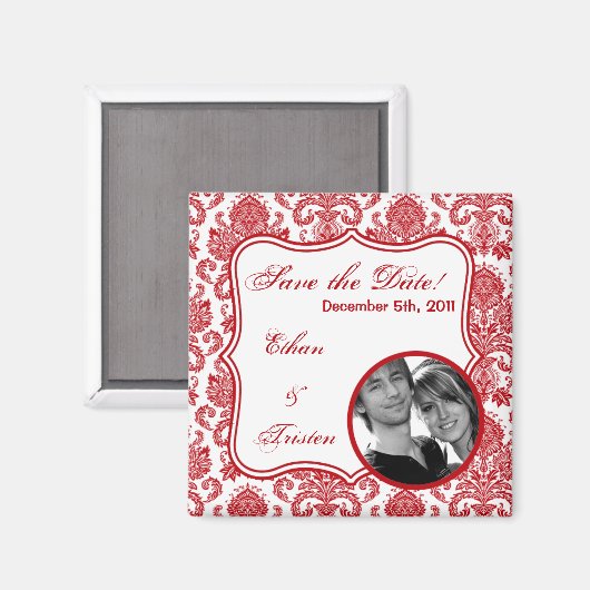 2"x2"日付マグネットレッドホワイトダマスクレースを保存 マグネット (正面/裏面)