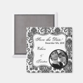 2"x2"日付マグネット白黒ダマスクレースを保存 マグネット (正面/裏面)