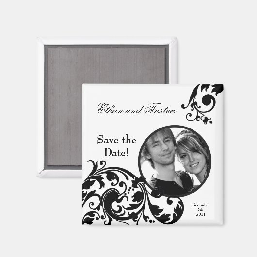 2"x2"日付マグネット白黒フローラの保存 マグネット (正面/裏面)