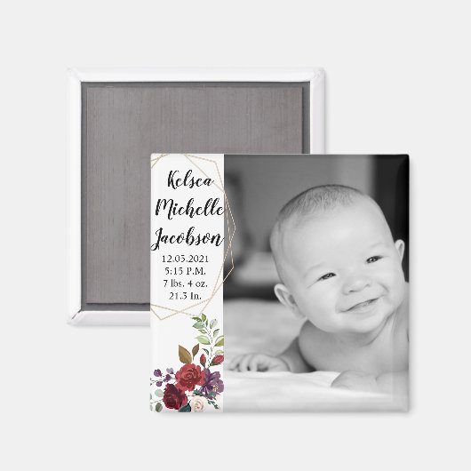 2"x2"誕生発表マグネットホワイトローズ金ゴールドG マグネット (正面/裏面)