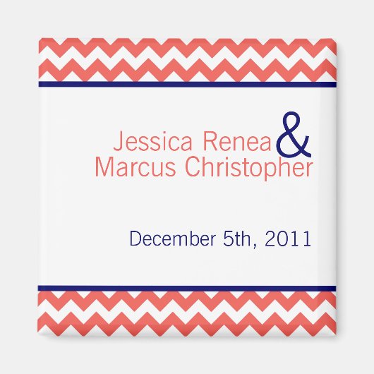 2"x2" Favy Magnet Coral Navy Blue Chevron Name マグネット (正面)