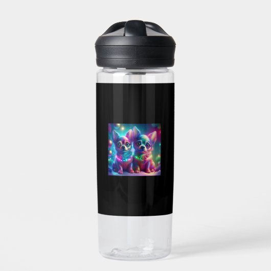 2 Young Chihuahua Pups In Colorful Christmas Scene ウォーターボトル (正面)