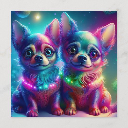 2 Young Chihuahua Pups In Colorful Christmas Scene 招待状 (正面)
