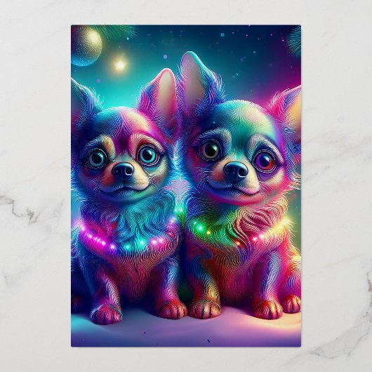 2 Young Chihuahua Pups In Colorful Christmas Scene 箔招待状 (正面)