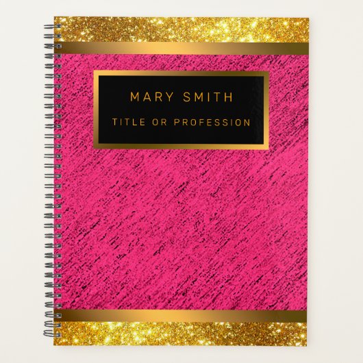 2in1モダン金ゴールドグリッターピンクビジネスカードおよび名刺 プランナー手帳 (正面)