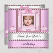 2ndバースデーガールピンクカップケーキ白いパール写真 招待状 (正面/裏面)