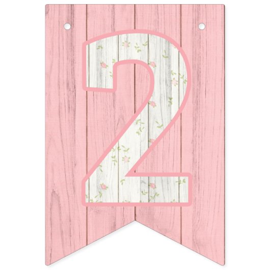 2ndバースデーセージ素朴グリーン&ピンクフローラウッド バンティングフラッグ (第1の旗)