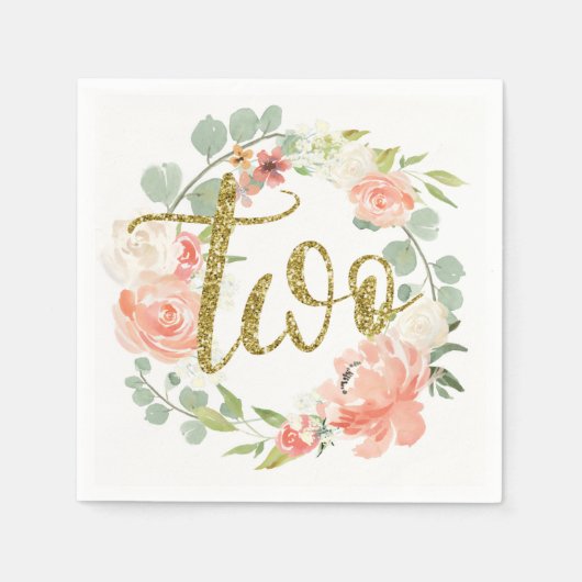 2ndバースデーピンク金ゴールドフローラリースナプキン スタンダードカクテルナプキン (正面)