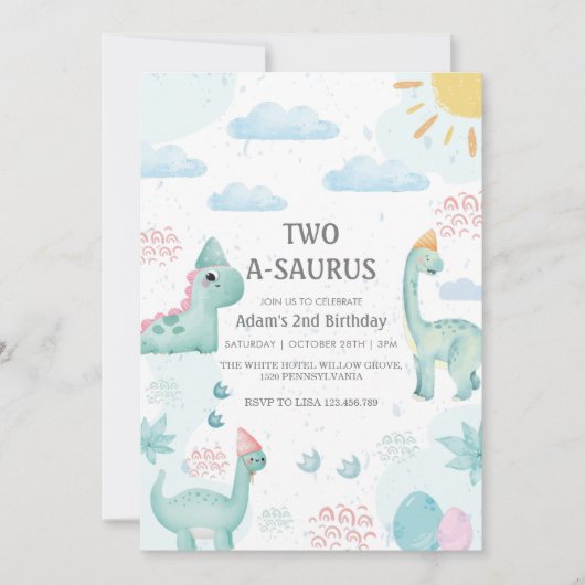 2ndバースデーブルーウォーターカラー恐竜パーティー 招待状 (正面)
