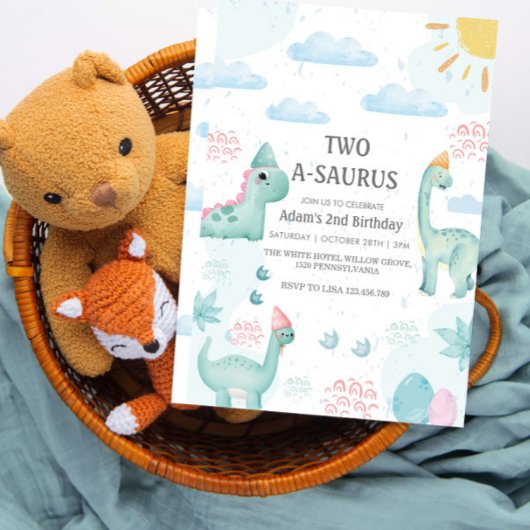 2ndバースデーブルーウォーターカラー恐竜パーティー 招待状