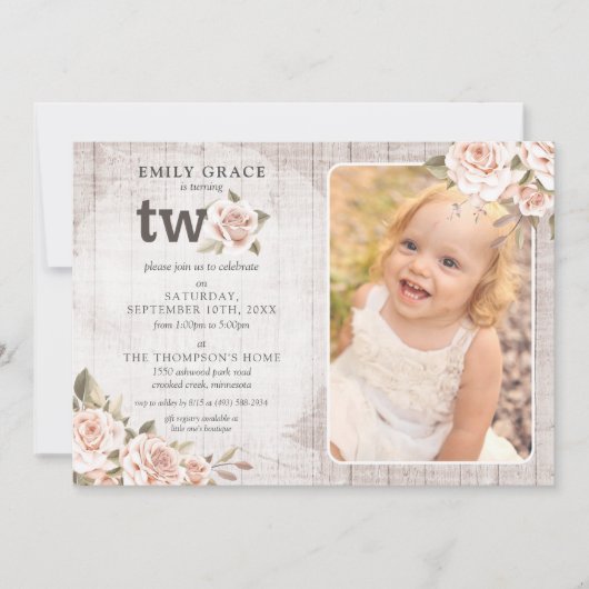 2ndバースデー素朴ウッドシャビーシックバラ写真 招待状 (正面)