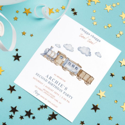 2nd男の子の誕生日パーティートレイン水の色2 TWO 招待状