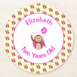 2nd誕生日かわいいモンキーピンクバルーン名を追加 ラウンドペーパーコースター