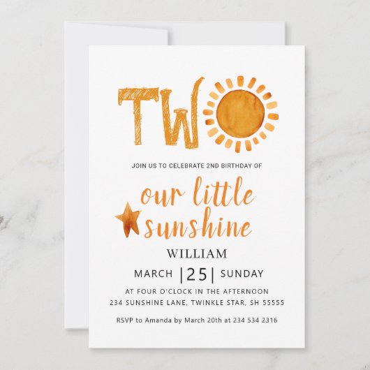 2nd誕生日の水の色ハッピーイエローサンシャイン 招待状 (正面)