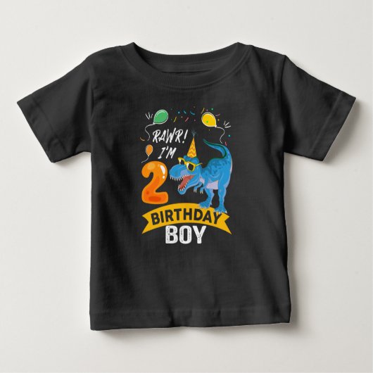 2nd誕生日ギフトボーイTレックス恐竜2歳 ベビーTシャツ (正面)