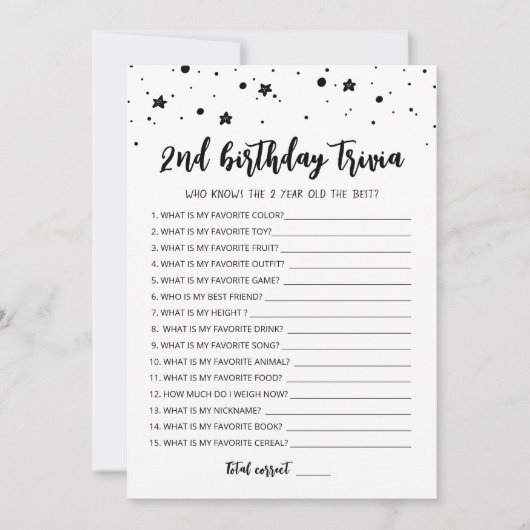 2nd誕生日トリビア編集可能ゲームカード 招待状 (正面)