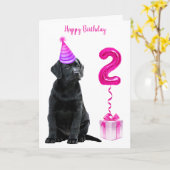 2nd誕生日パピーテーマ – かわいい犬ピンクの女の子パティー カード (黄色い花)