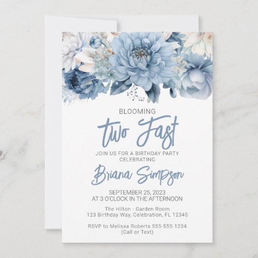 2nd誕生日パーティーダスティブルーフローラ 招待状 (正面)