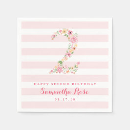 2nd誕生日ピンクストライプのフローラと水彩のカラーTWO スタンダードカクテルナプキン
