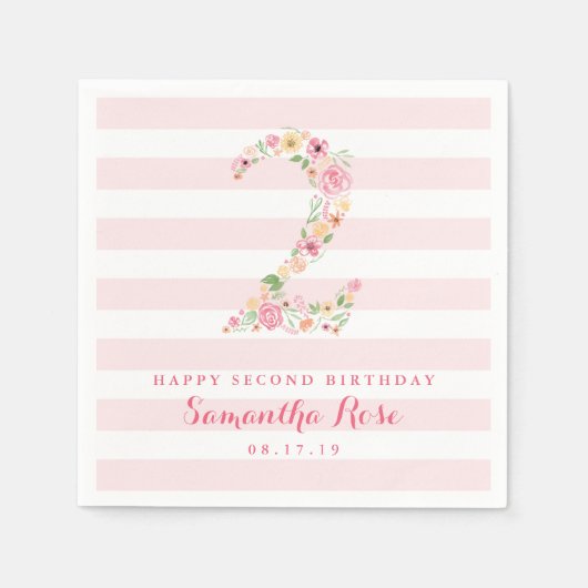 2nd誕生日ピンクストライプのフローラと水彩のカラーTWO スタンダードカクテルナプキン (正面)