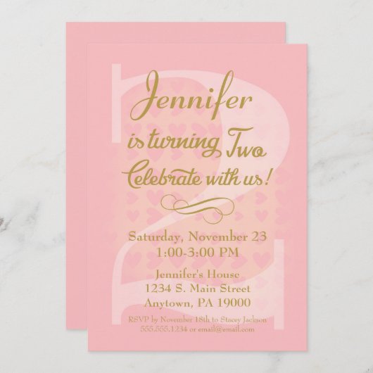 2nd誕生日招待状ガールズピンク金ゴールドハート 招待状 (正面/裏面)