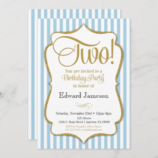 2nd誕生日招待状ボーイズ2年ブルー金ゴールド 招待状 (正面/裏面)