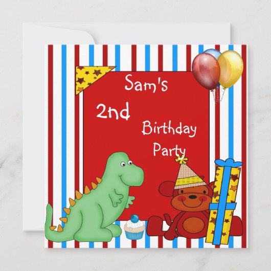 2nd ダイナソー カップケーキ 風船 ストライプ 誕生日 赤 招待状 (正面)
