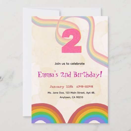 2nd Birthday Invitation Girl Editable Rainbow 招待状 (正面)