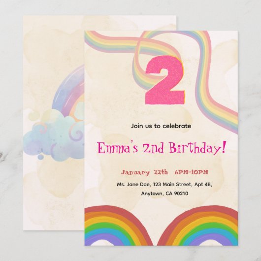 2nd Birthday Invitation Girl Editable Rainbow 招待状 (正面/裏面)