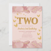 2nd Birthday Invitation Pink Gold Glitter Girl 招待状 (正面)