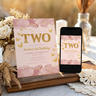 2nd Birthday Invitation Pink Gold Glitter Girl 招待状