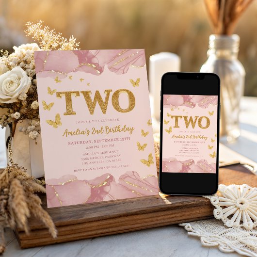 2nd Birthday Invitation Pink Gold Glitter Girl 招待状