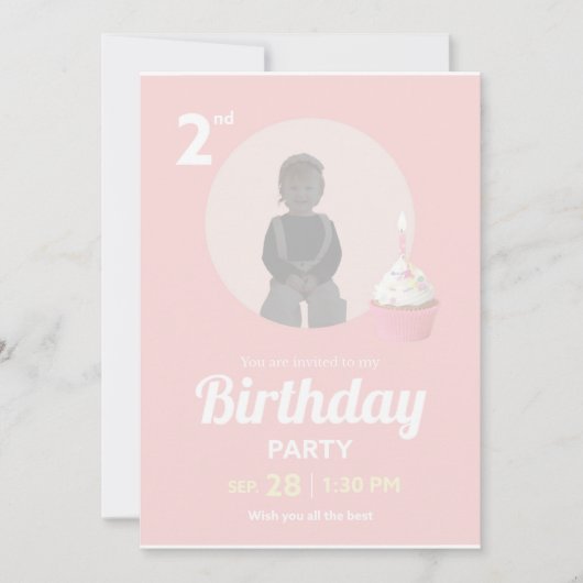 2nd Birthday Party Invitation Pink Cupcake Photo 招待状 (正面)