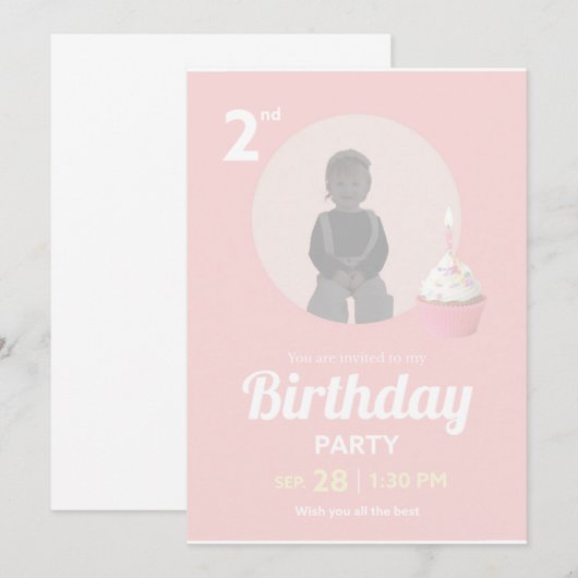2nd Birthday Party Invitation Pink Cupcake Photo 招待状 (正面/裏面)