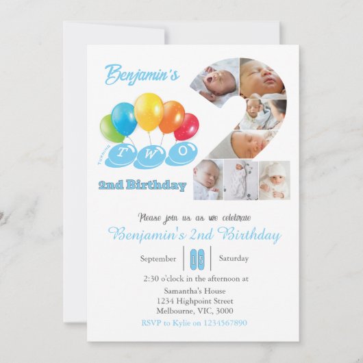 2nd birthday photo collage number 2 Boy 招待状 (正面)