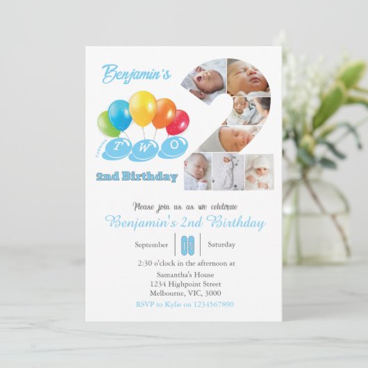 2nd birthday photo collage number 2 Boy 招待状 (スタンド正面)
