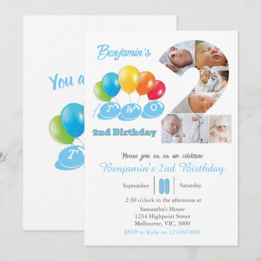 2nd birthday photo collage number 2 Boy 招待状 (正面/裏面)