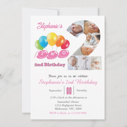 2nd birthday photo collage number 2 Girl 招待状 (正面)