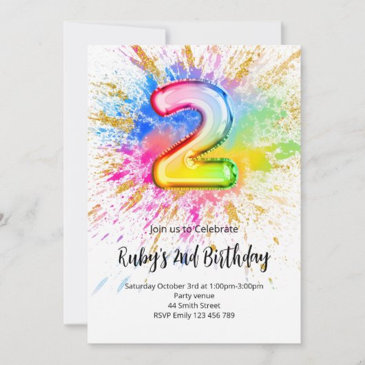 2nd Birthday Rainbow Paint Splash Invitation 招待状 (正面)