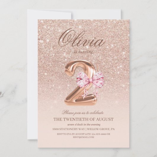 2nd Birthday Rose Pink Gold  Bow Birthday Party  招待状 (正面)