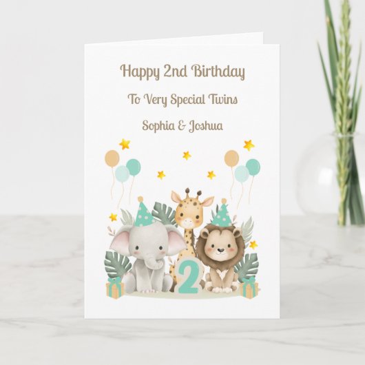 2nd Birthday Safari Animals Twin Birthday Card カード (正面)