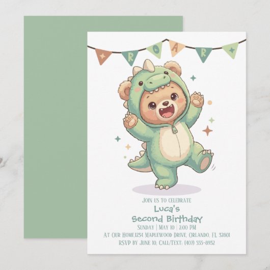 2nd Birthday Teddy Bear Dinosaur Party 招待状 (正面/裏面)